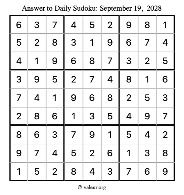 Answer to sudoku September 19, 2028