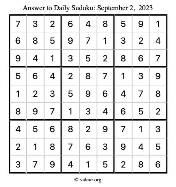 Answer to sudoku September 2, 2023