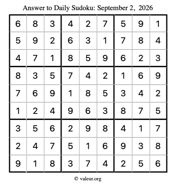 Answer to sudoku September 2, 2026