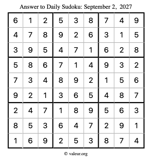 Answer to sudoku September 2, 2027