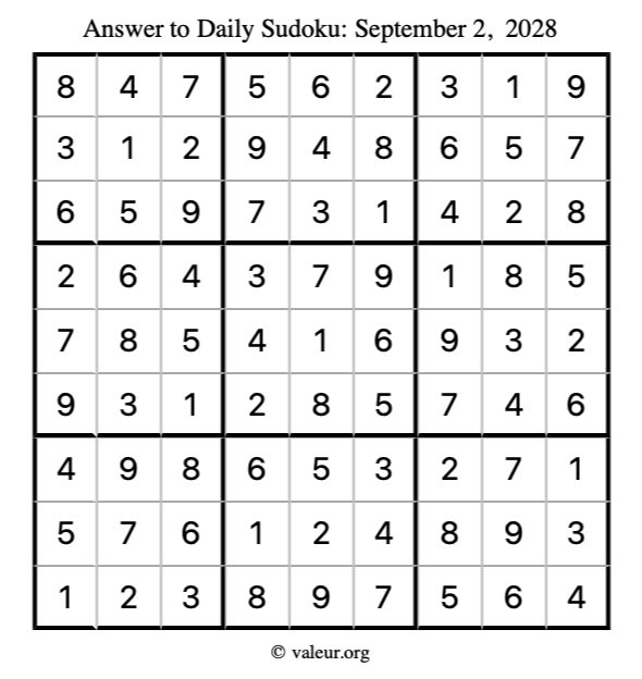 Answer to sudoku September 2, 2028