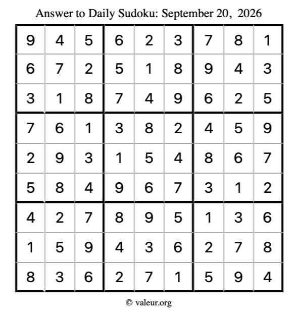 Answer to sudoku September 20, 2026