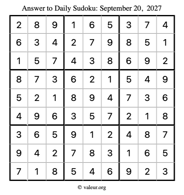 Answer to sudoku September 20, 2027