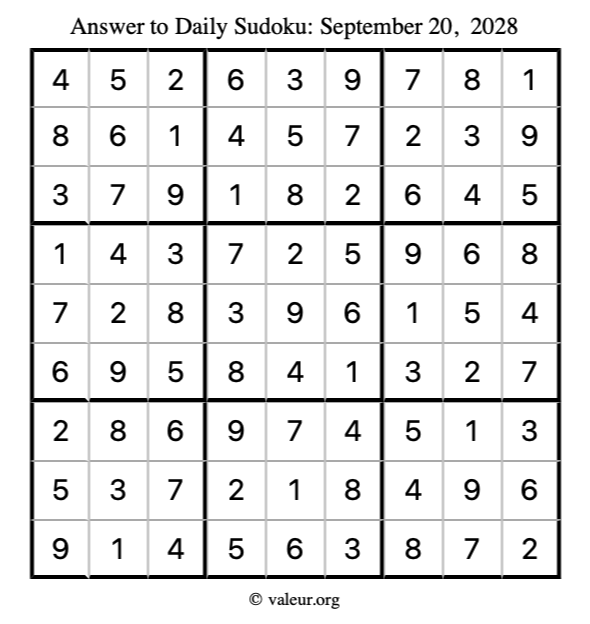 Answer to sudoku September 20, 2028