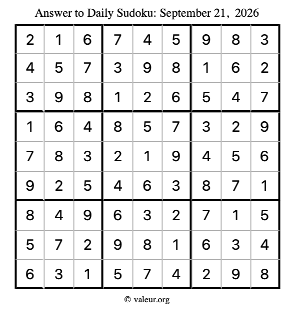 Answer to sudoku September 21, 2026