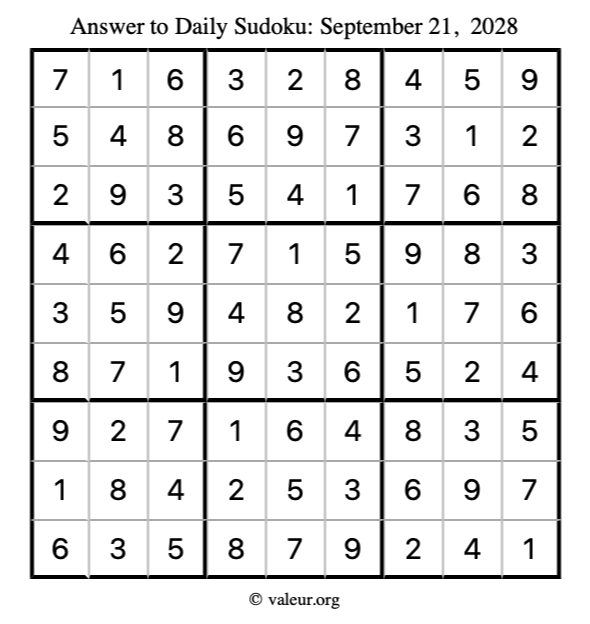 Answer to sudoku September 21, 2028