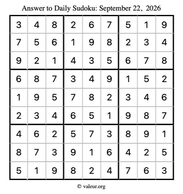 Answer to sudoku September 22, 2026