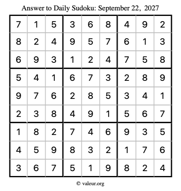 Answer to sudoku September 22, 2027