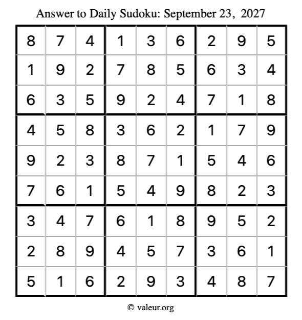 Answer to sudoku September 23, 2027