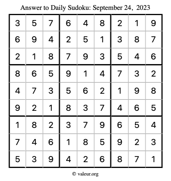 Answer to sudoku September 24, 2023