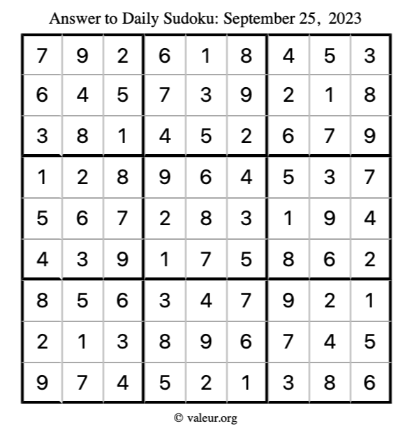 Answer to sudoku September 25, 2023