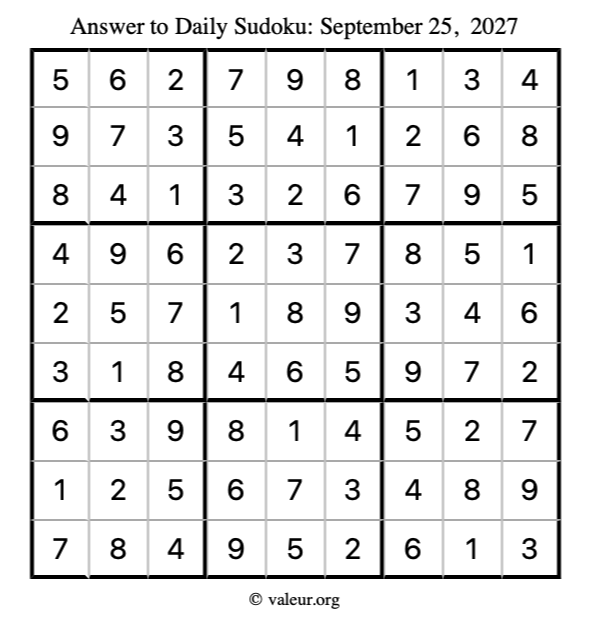 Answer to sudoku September 25, 2027