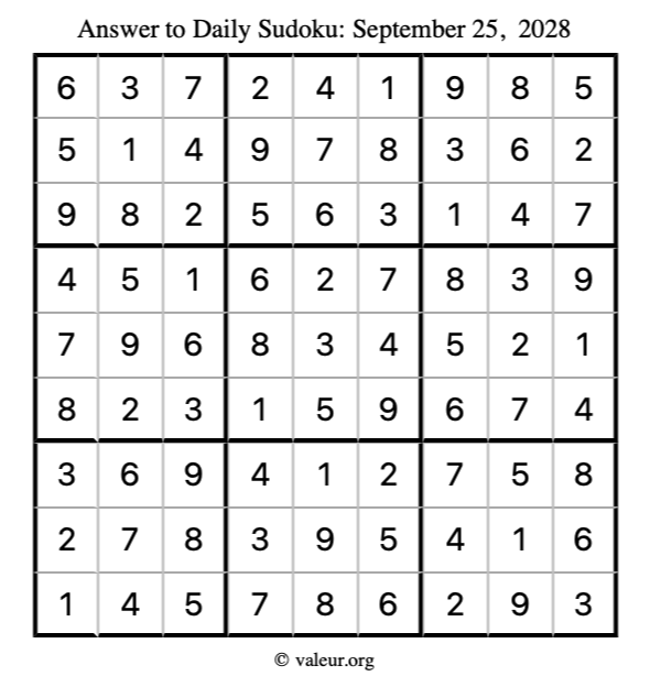 Answer to sudoku September 25, 2028