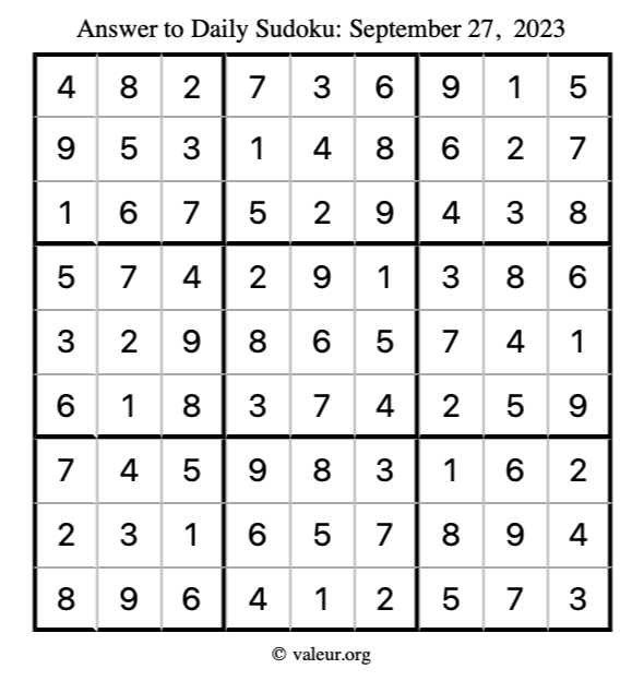 Answer to sudoku September 27, 2023