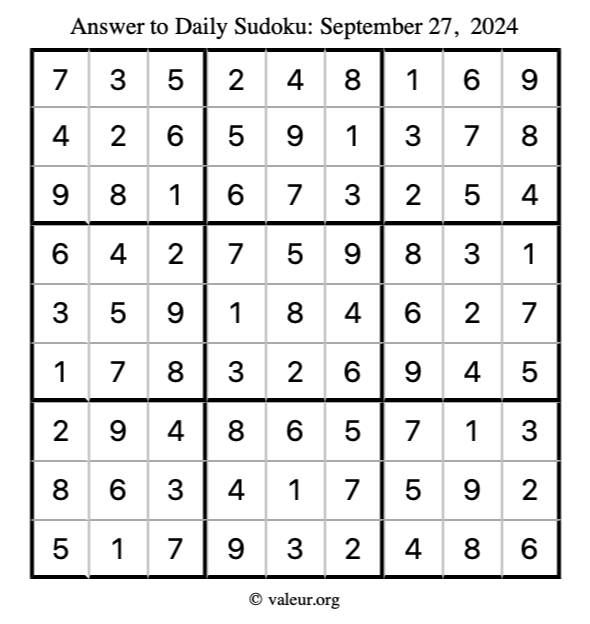 Answer to sudoku September 27, 2024