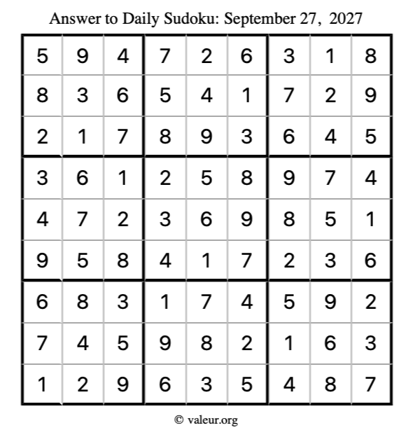 Answer to sudoku September 27, 2027