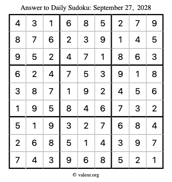 Answer to sudoku September 27, 2028