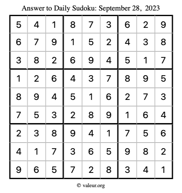 Answer to sudoku September 28, 2023