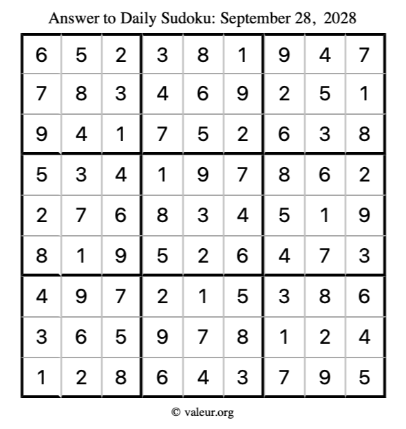 Answer to sudoku September 28, 2028