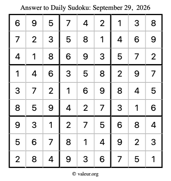 Answer to sudoku September 29, 2026