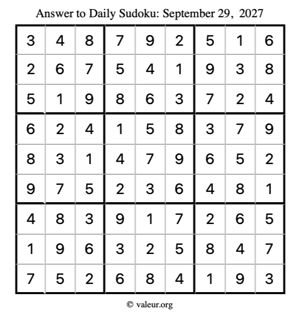 Answer to sudoku September 29, 2027