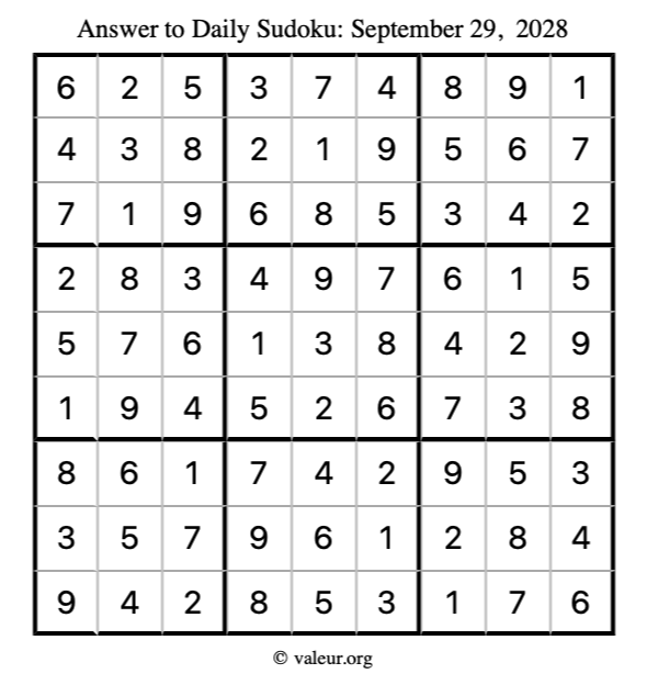 Answer to sudoku September 29, 2028