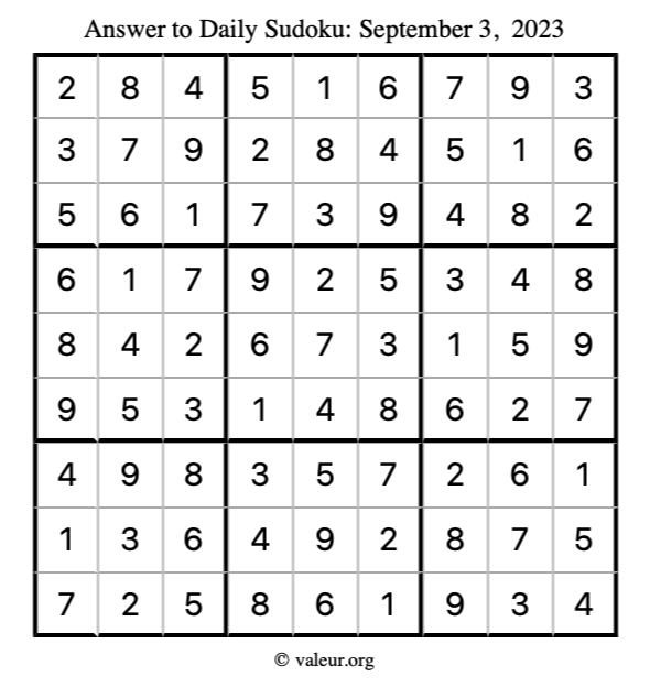 Answer to sudoku September 3, 2023