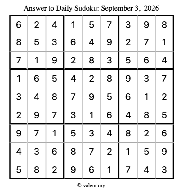Answer to sudoku September 3, 2026