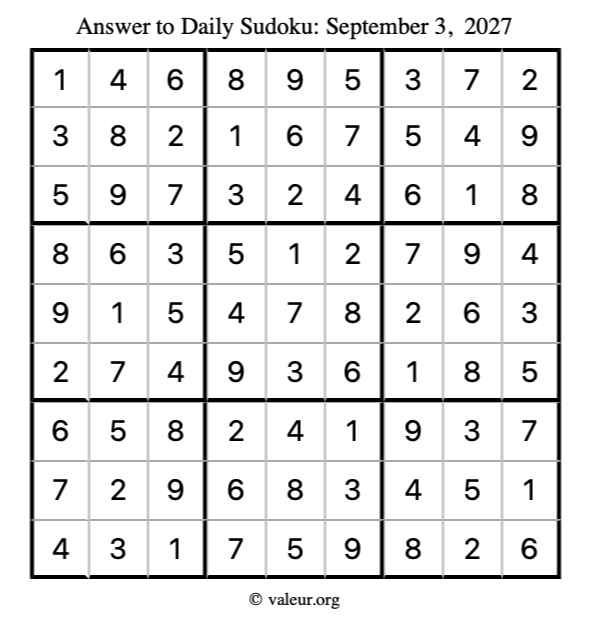 Answer to sudoku September 3, 2027