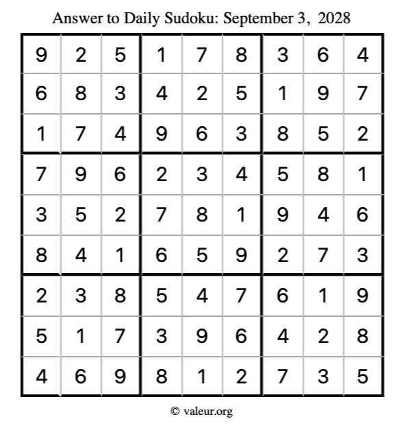Answer to sudoku September 3, 2028