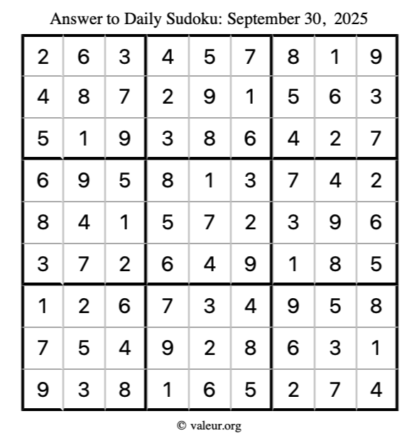 Answer to sudoku September 30, 2025