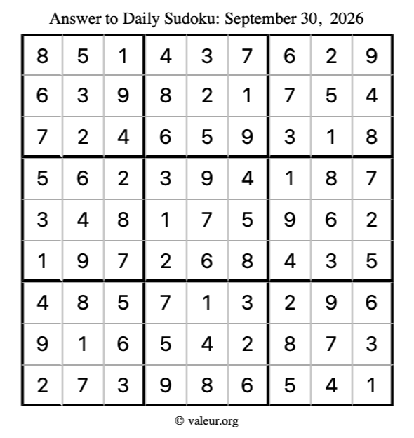 Answer to sudoku September 30, 2026