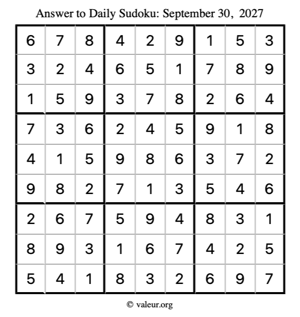 Answer to sudoku September 30, 2027