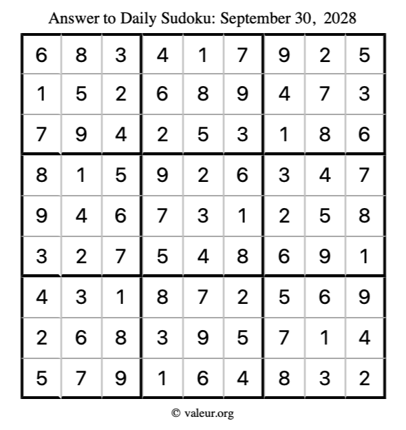 Answer to sudoku September 30, 2028