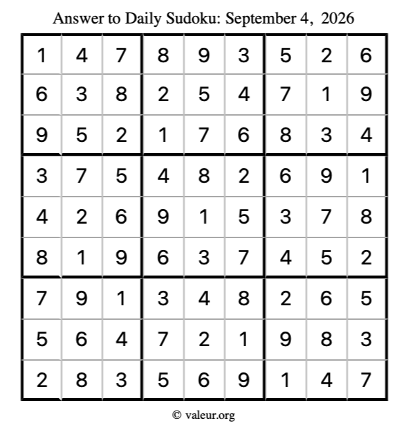 Answer to sudoku September 4, 2026