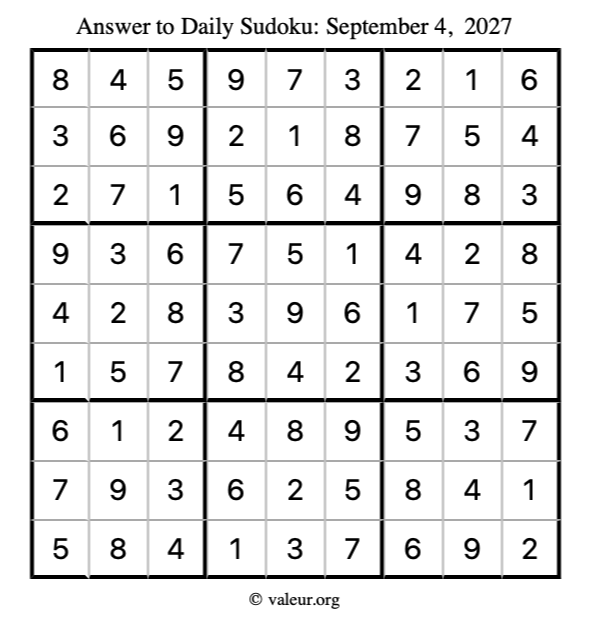 Answer to sudoku September 4, 2027