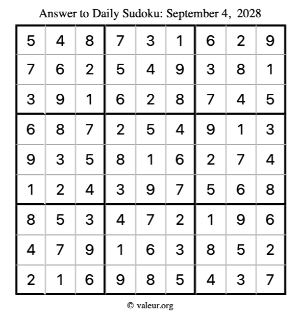 Answer to sudoku September 4, 2028