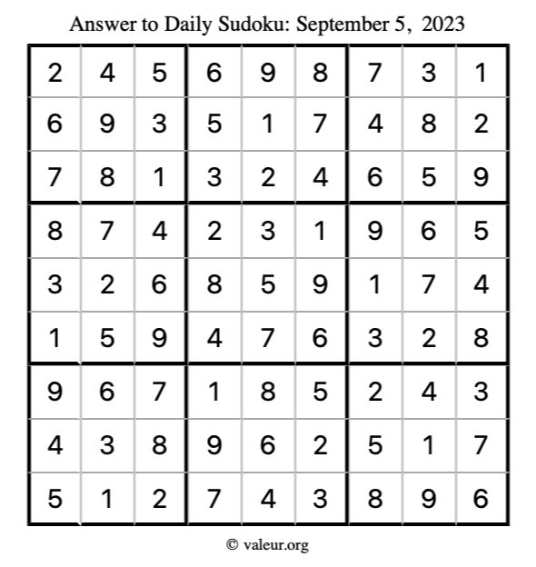 Answer to sudoku September 5, 2023