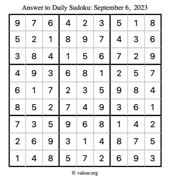 Answer to sudoku September 6, 2023