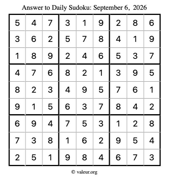 Answer to sudoku September 6, 2026