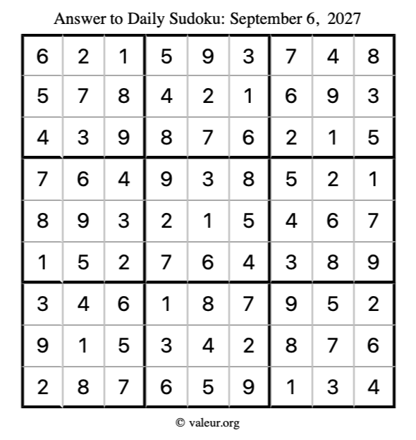Answer to sudoku September 6, 2027