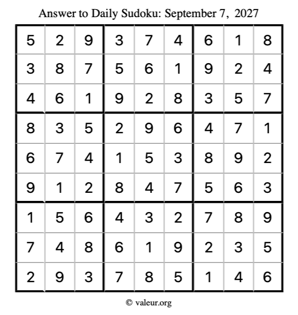 Answer to sudoku September 7, 2027