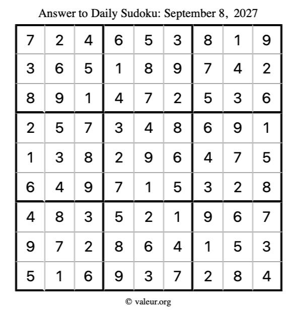 Answer to sudoku September 8, 2027