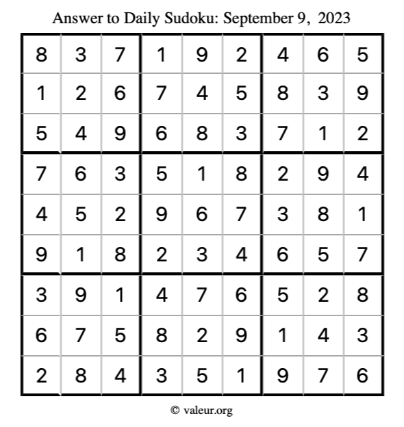 Answer to sudoku September 9, 2023