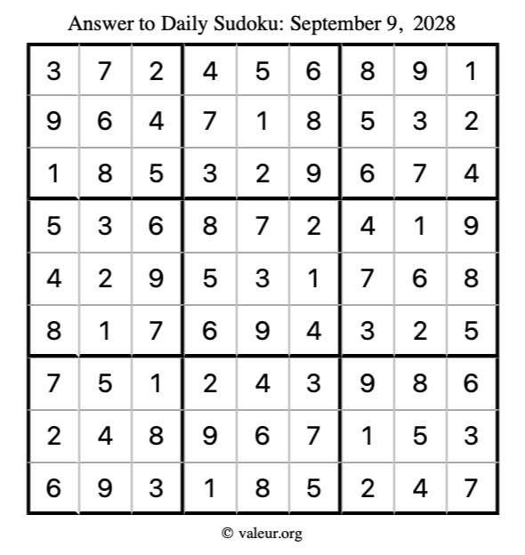 Answer to sudoku September 9, 2028