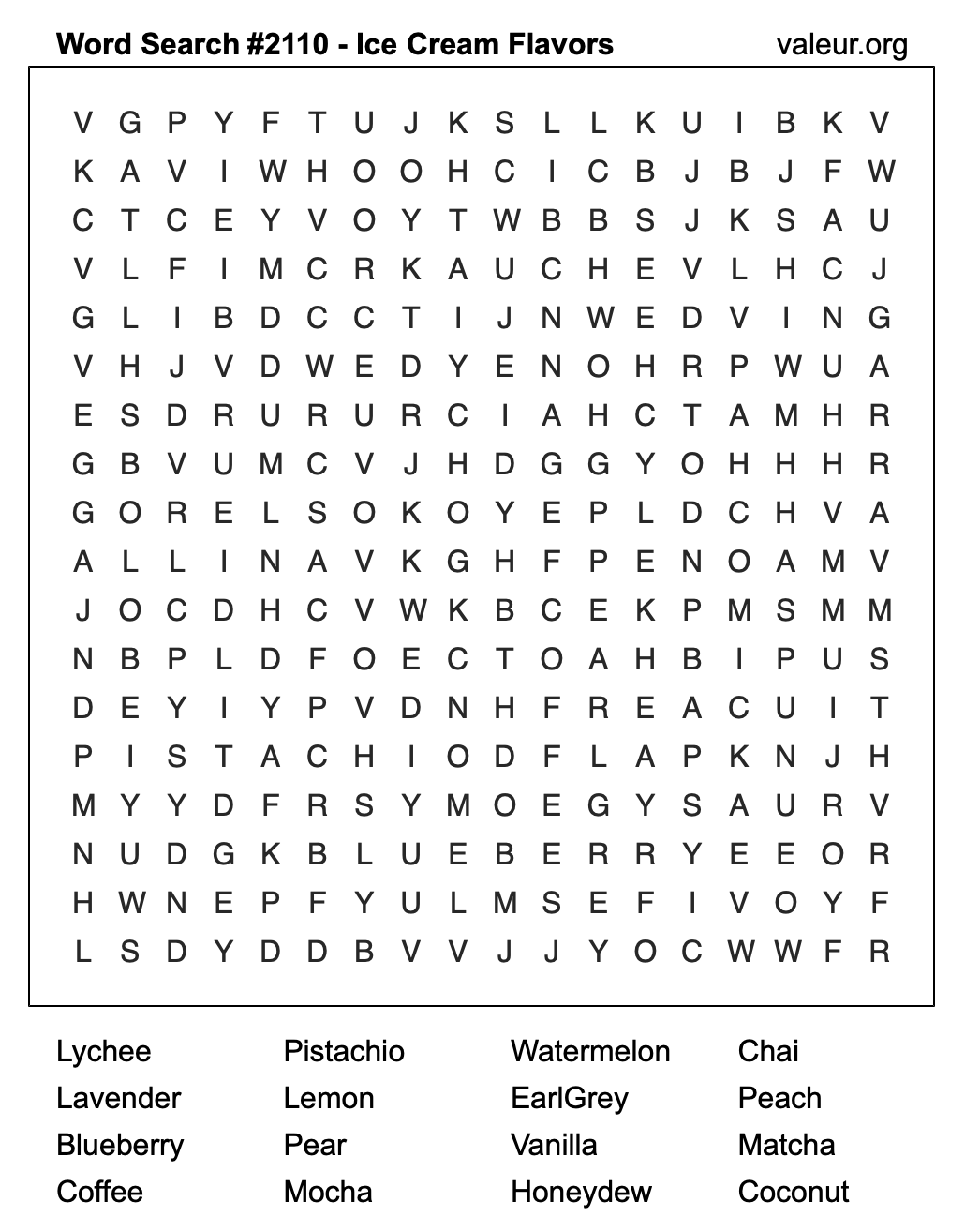 Word Search Puzzle with Ice Cream Flavors #2110