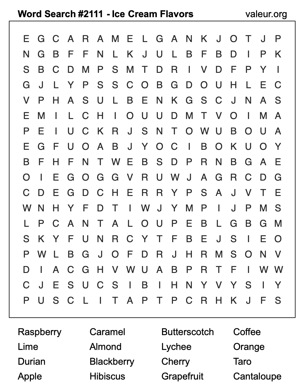 Word Search Puzzle with Ice Cream Flavors #2111