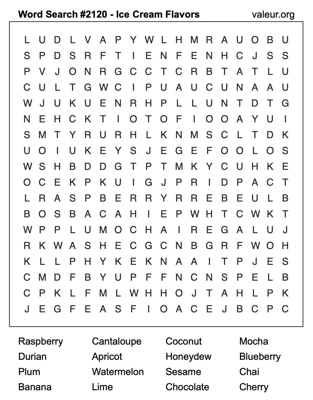 Word Search Puzzle with Ice Cream Flavors #2120