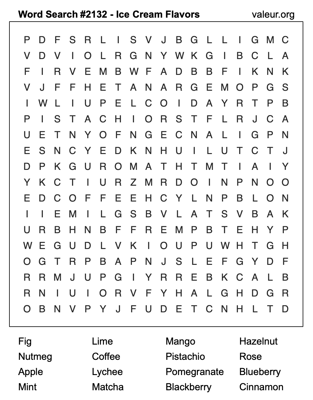 Word Search Puzzle with Ice Cream Flavors #2132