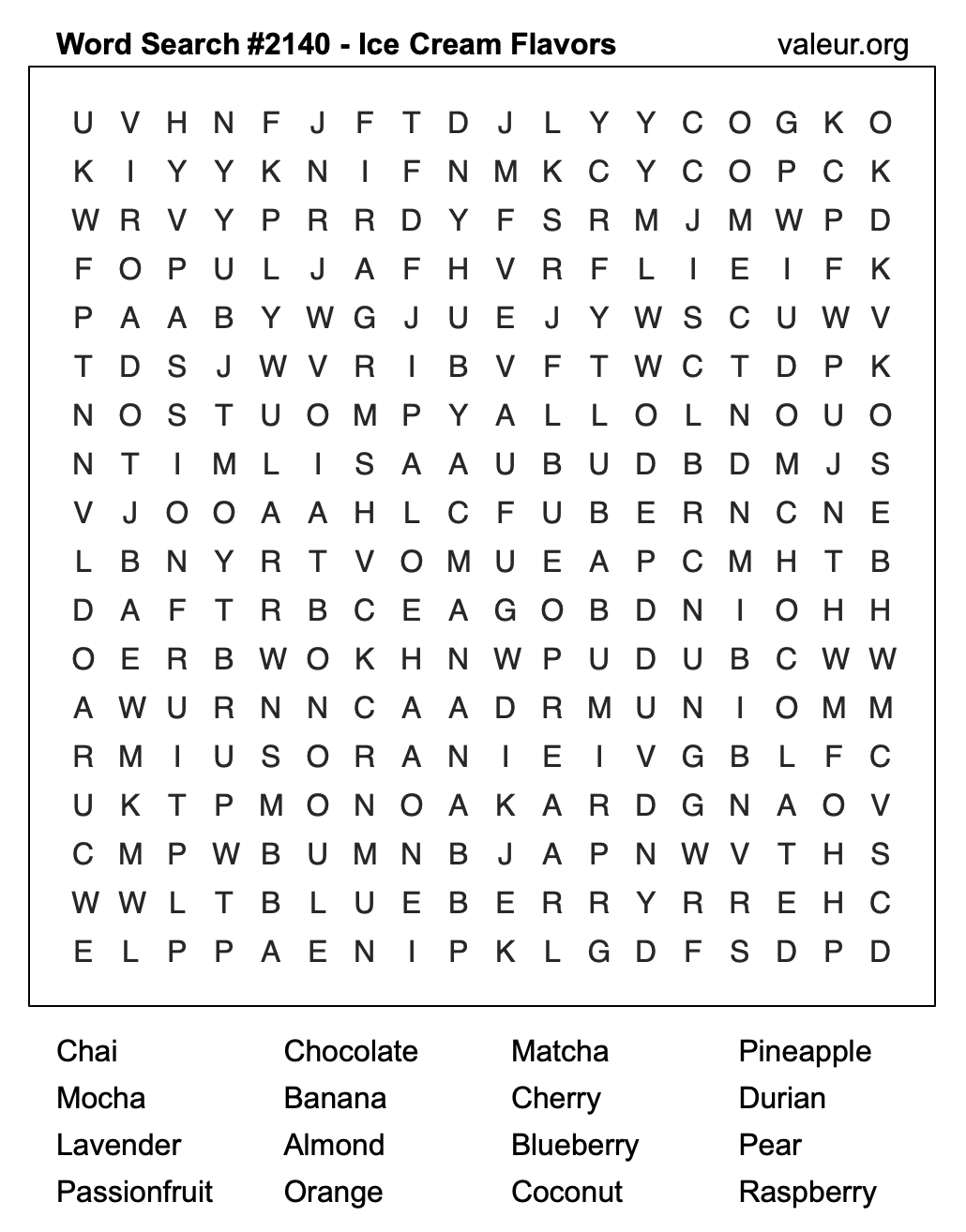 Word Search Puzzle with Ice Cream Flavors #2140